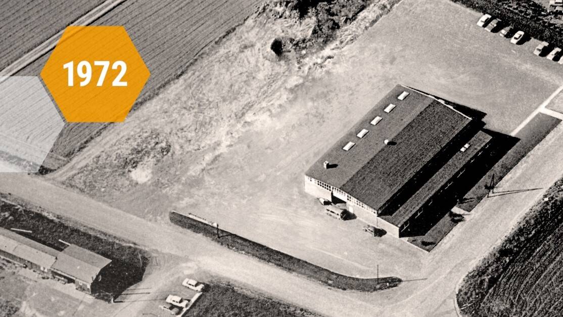 The KEB site in the founding year 1972, aerial view in black and white